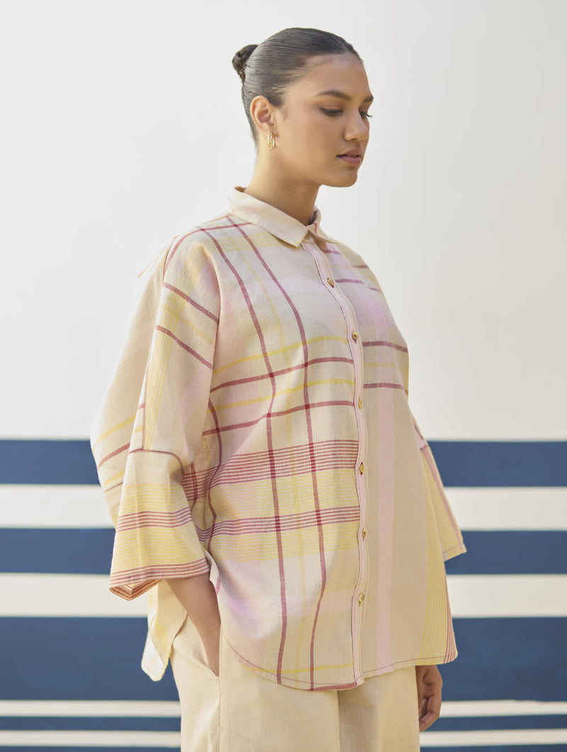 Cara Check Linen Shirt
 - Sand cotton by Manan in natural color for women Worldwide