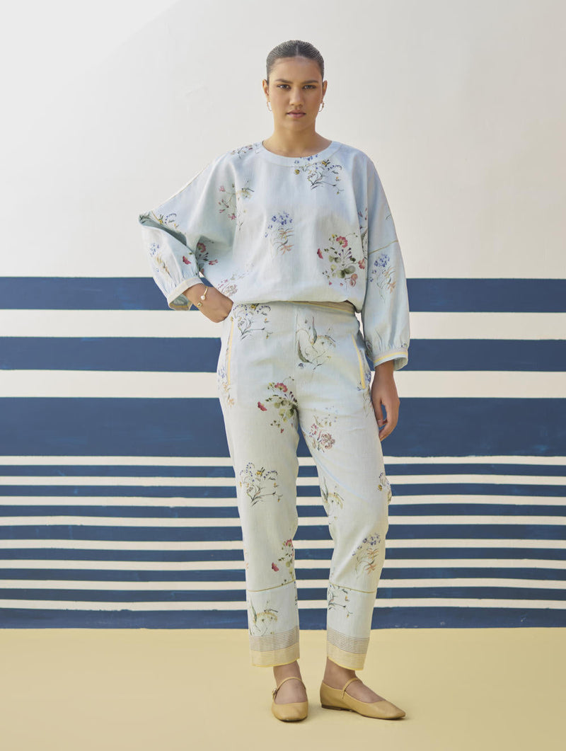 Myra Watercolor Floral Top - Sky by Manan in blue color for women Worldwide