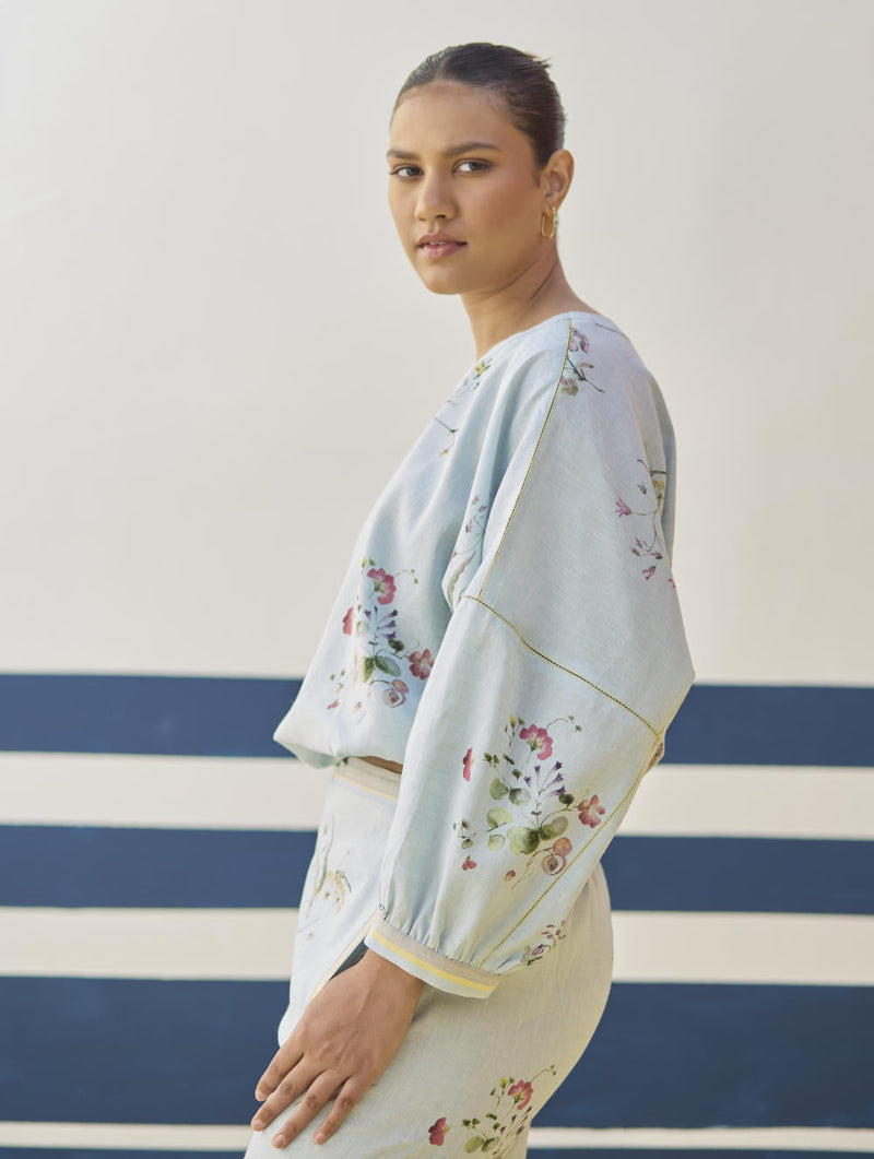 Myra Watercolor Floral Top - Sky by Manan in blue color for women Worldwide