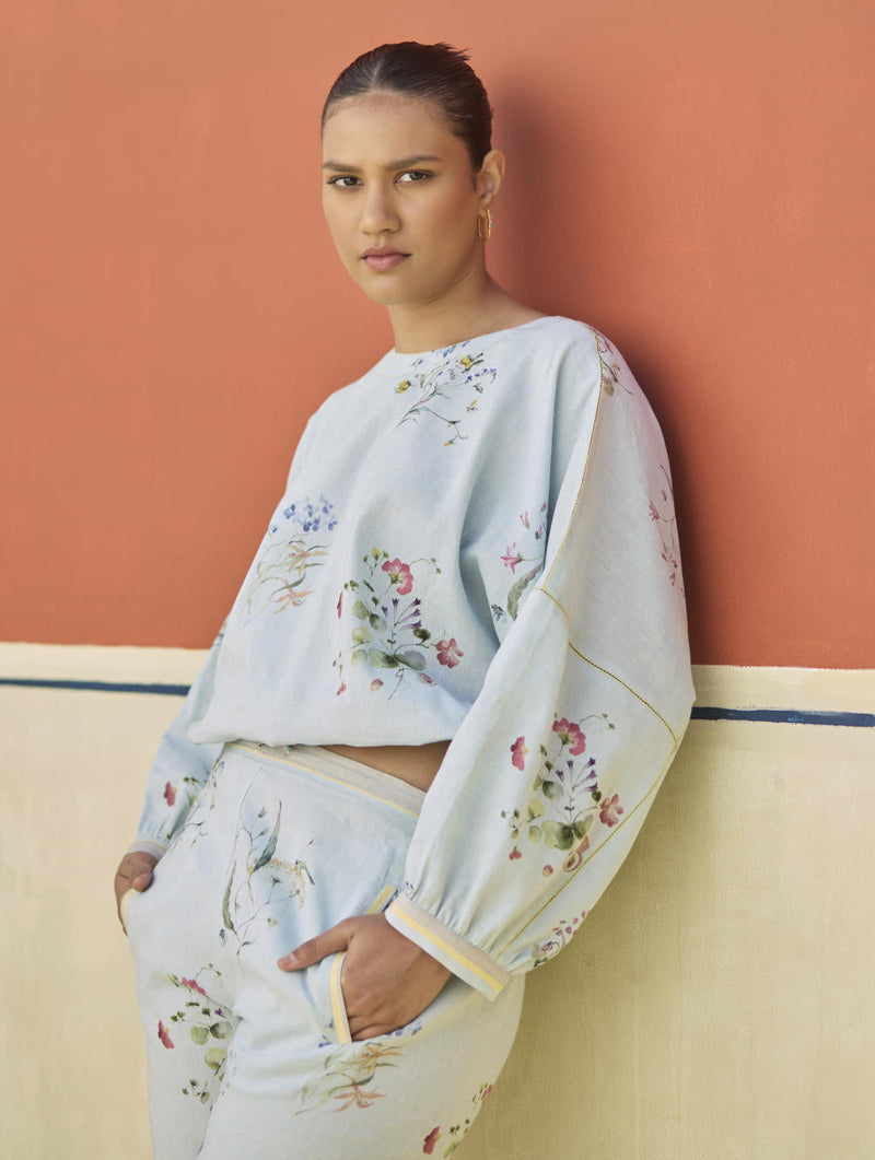 Myra Watercolor Floral Top - Sky by Manan in blue color for women Worldwide
