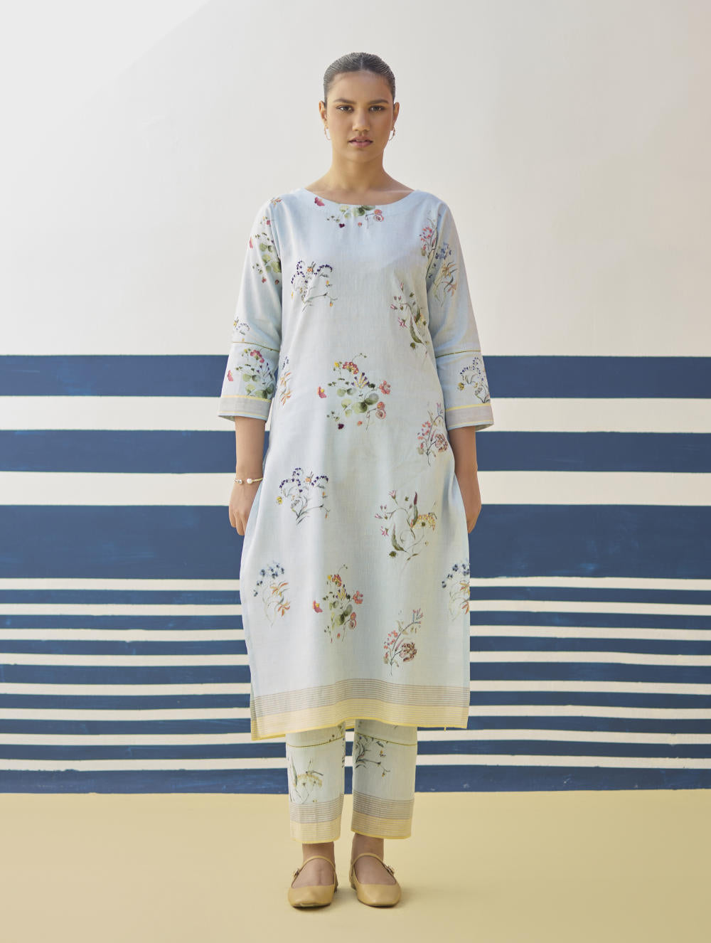 Kera Floral Embroidered Kurta Set
 - Sky