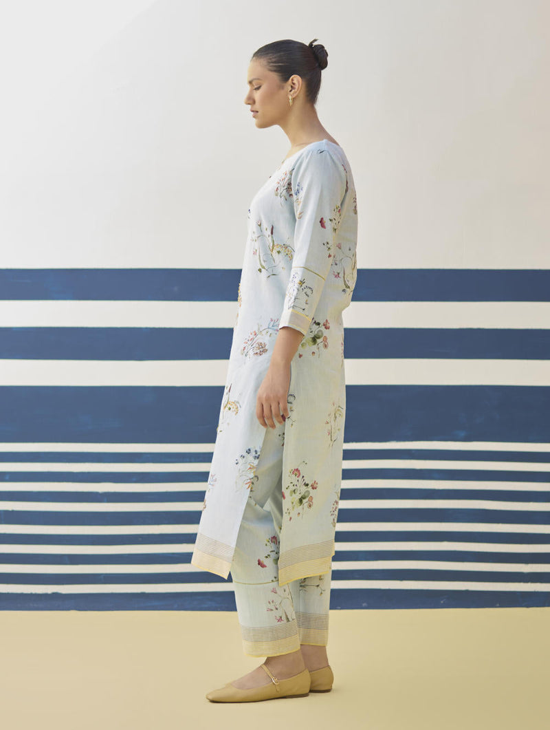 Kera Floral Embroidered Kurta Set
 - Sky by Manan in blue color for women Worldwide