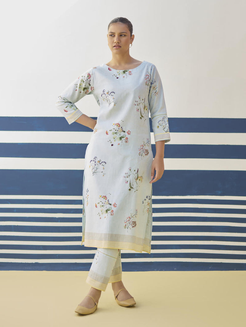 Kera Floral Embroidered Kurta Set
 - Sky by Manan in blue color for women Worldwide