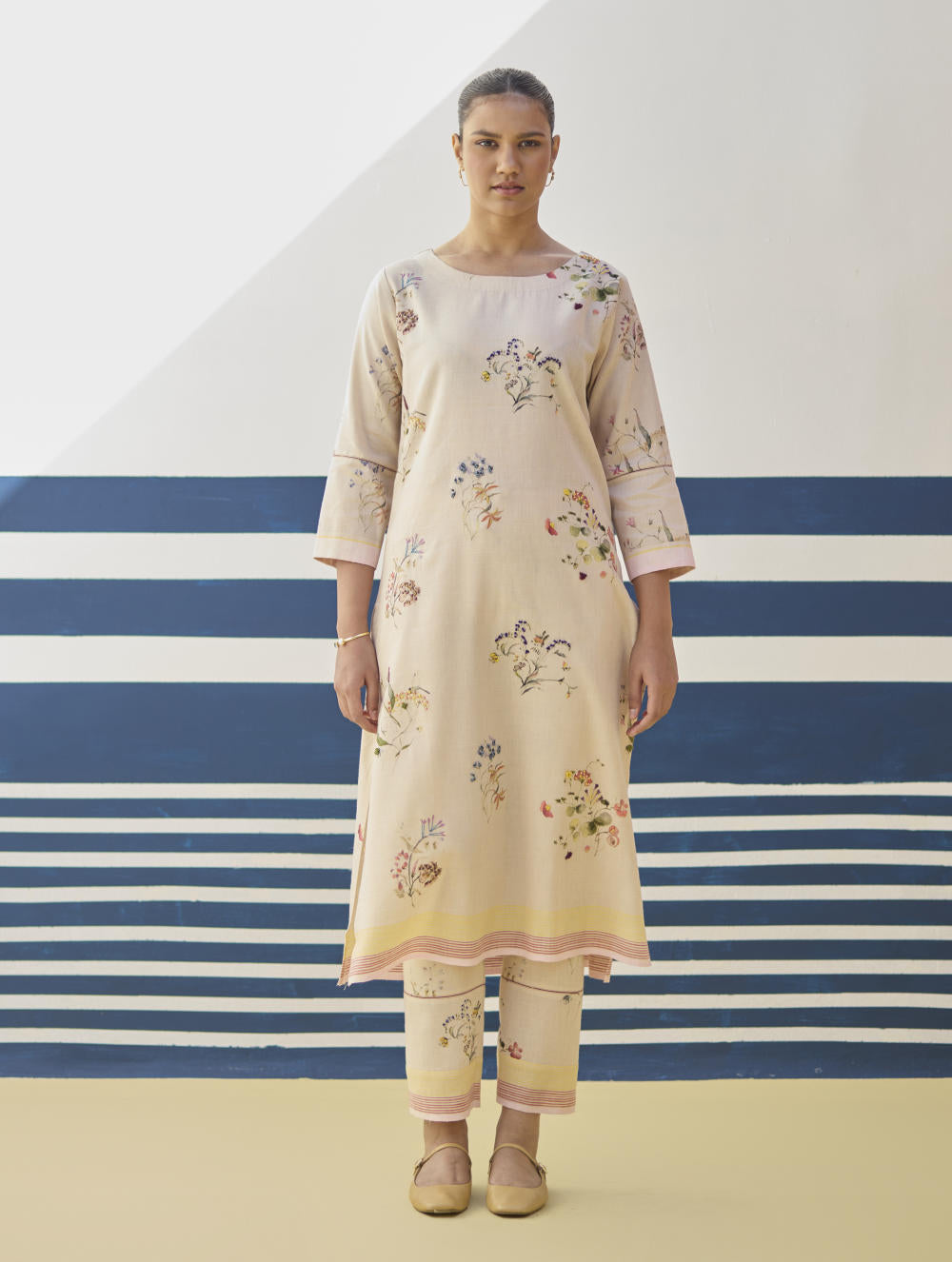 Kera Floral Embroidered Kurta Set
 - Sand