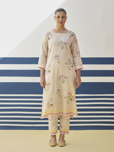 Kera Floral Embroidered Kurta Set
 - Sand