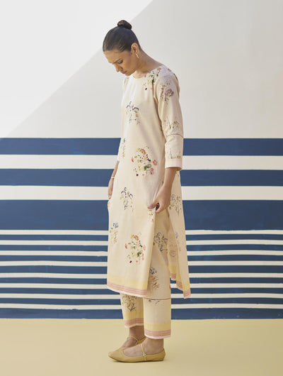 Kera Floral Embroidered Kurta Set
 - Sand