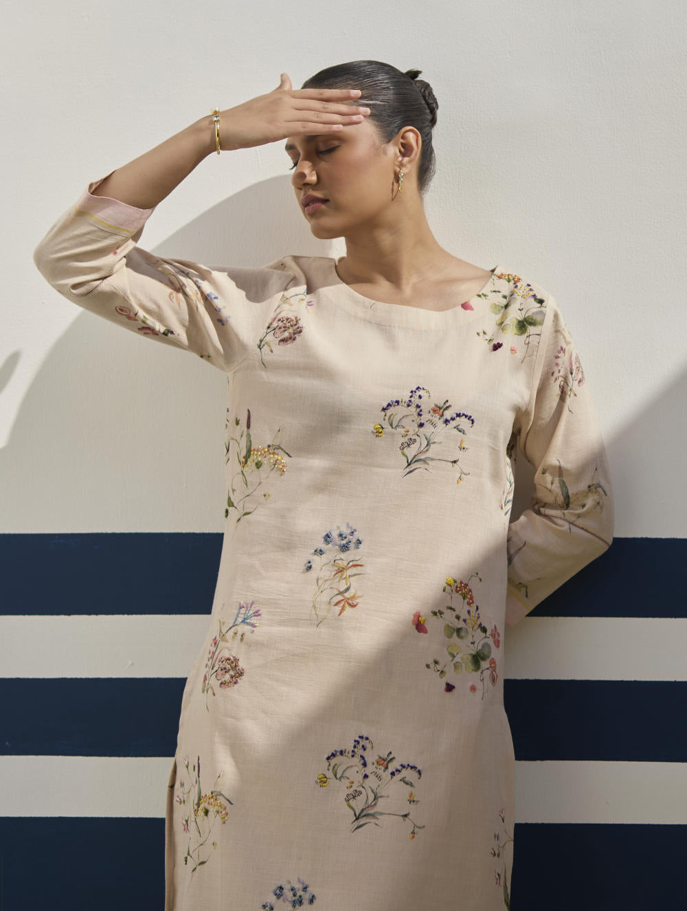 Kera Floral Embroidered Kurta Set
 - Sand