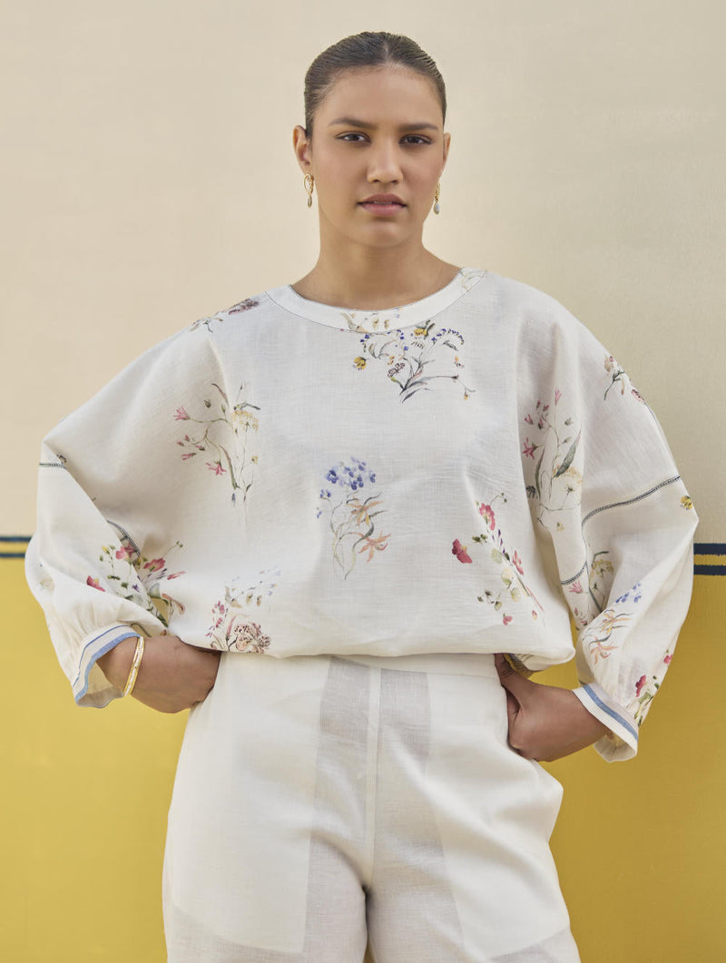 Myra Watercolor Floral Top - Ivory by Manan in ivory color for women Worldwide