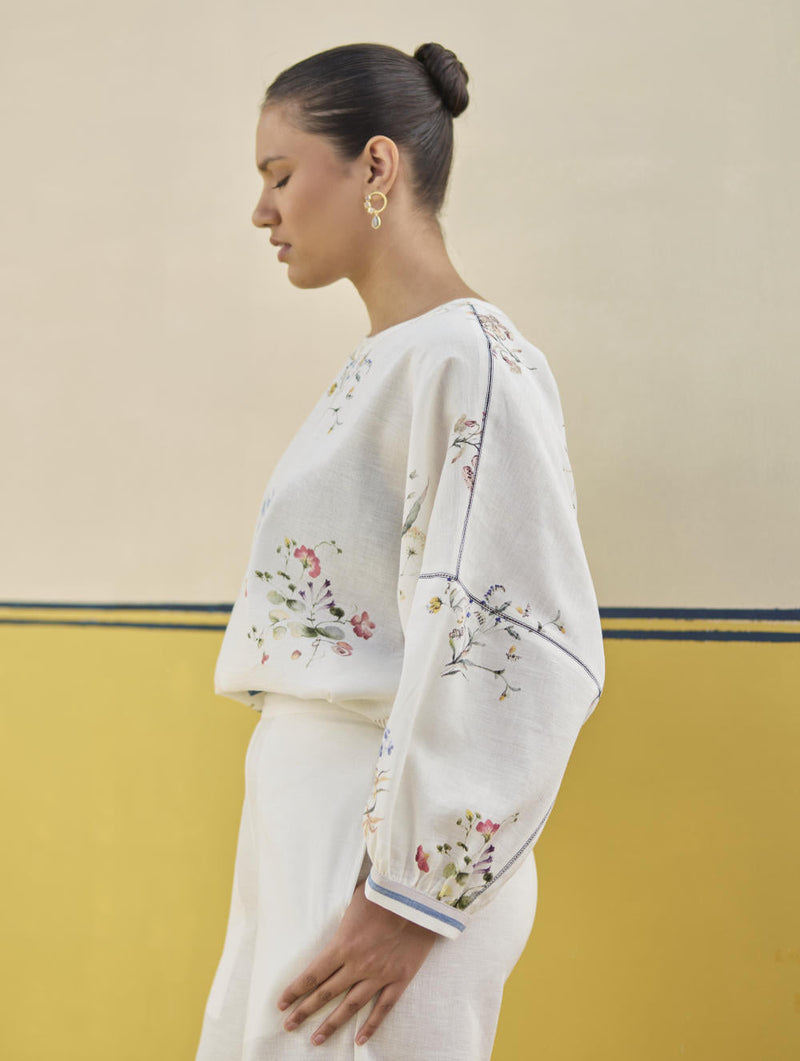 Myra Watercolor Floral Top - Ivory by Manan in ivory color for women Worldwide
