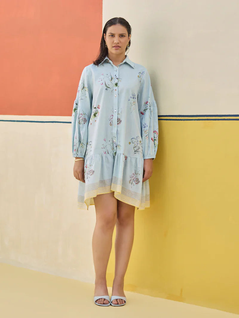 Alara Floral Shirt Dress - Sky by Manan in blue color for women Worldwide