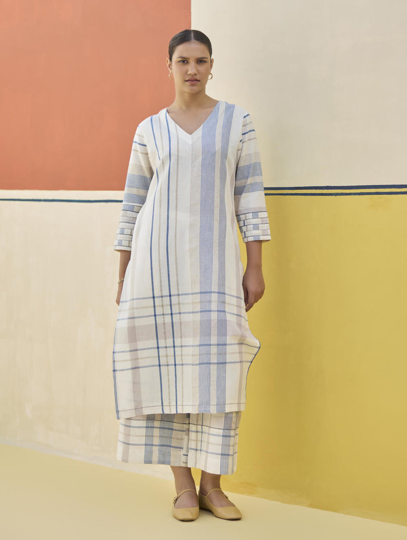 Misa Check Linen Kurta Set
 - Ivory by Manan in ivory color for women Worldwide