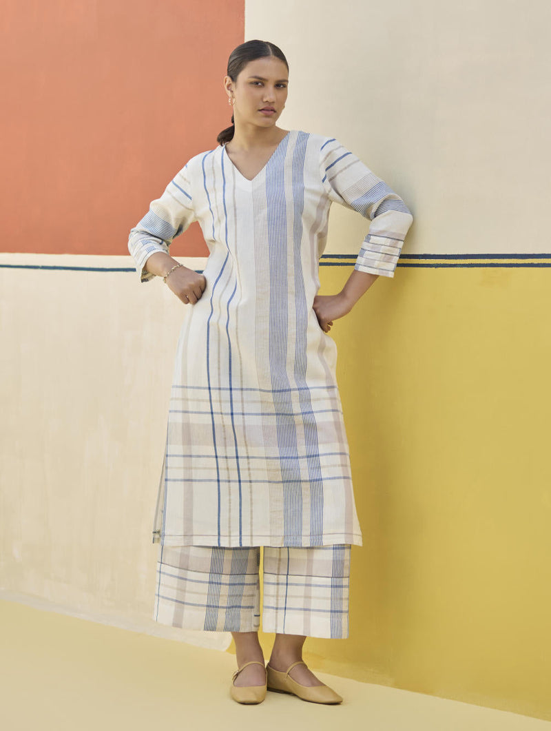 Misa Check Linen Kurta Set
 - Ivory by Manan in ivory color for women Worldwide