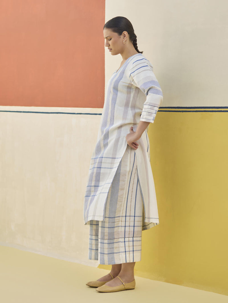 Misa Check Linen Kurta Set
 - Ivory by Manan in ivory color for women Worldwide