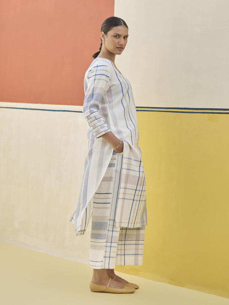 Misa Check Linen Kurta Set
 - Ivory by Manan in ivory color for women Worldwide