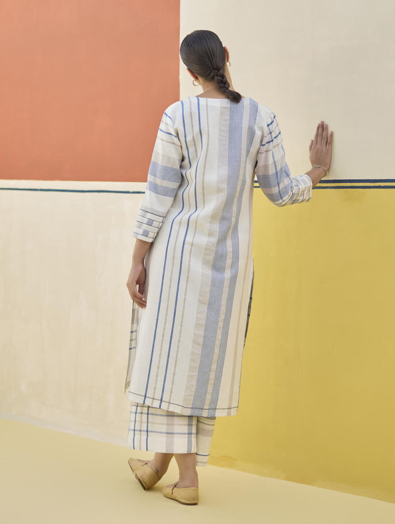 Misa Check Linen Kurta Set
 - Ivory by Manan in ivory color for women Worldwide