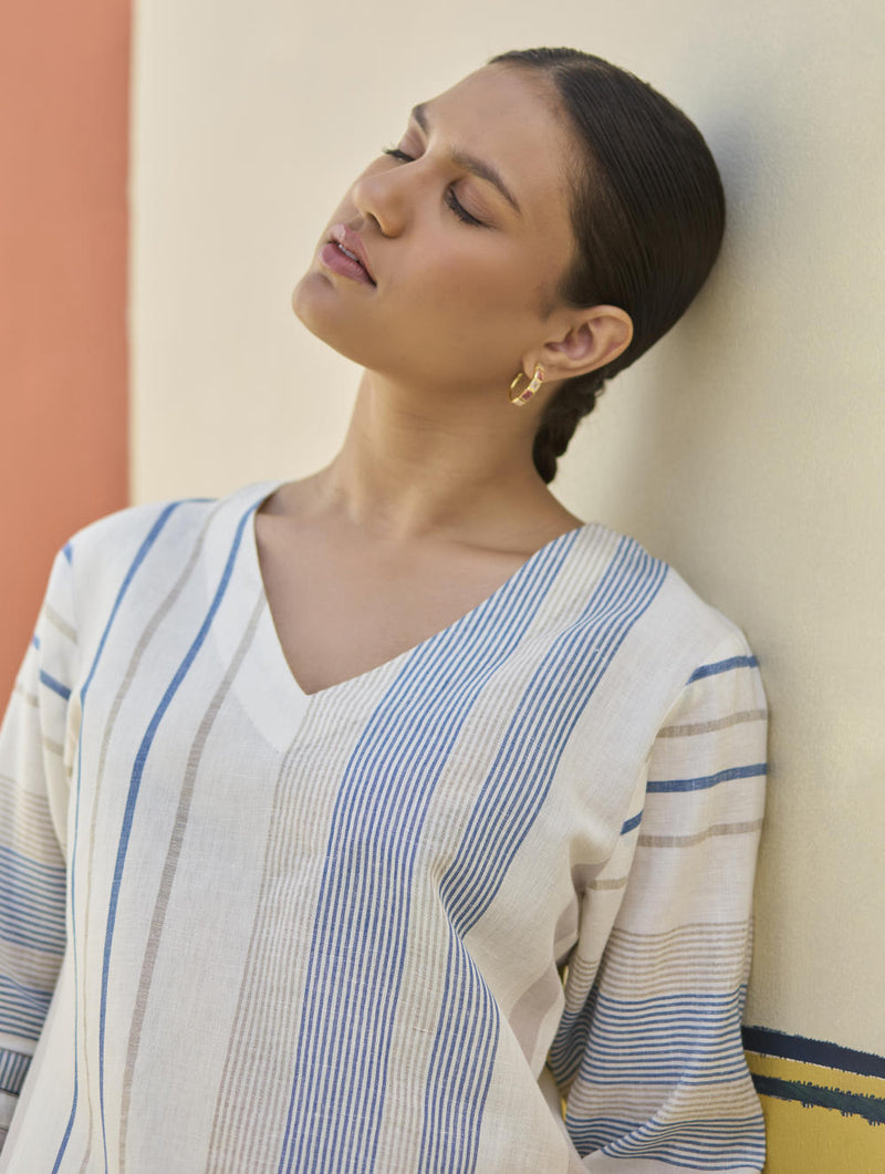 Misa Check Linen Kurta - Ivory by Manan in ivory color for women Worldwide