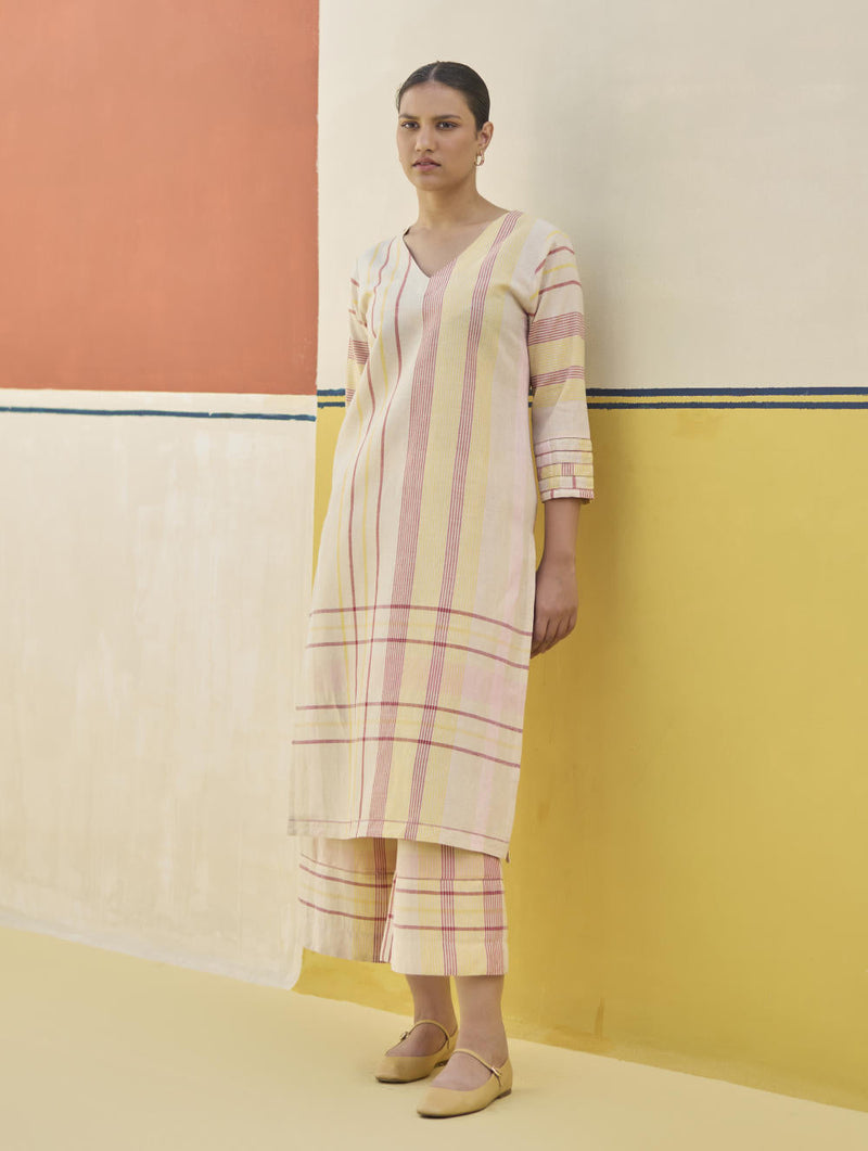 Misa Check Linen Kurta - Sand by Manan in natural color for women Worldwide