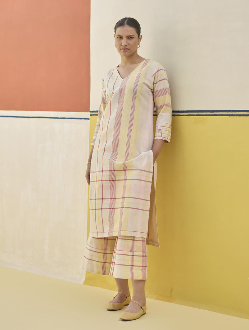 Misa Check Linen Kurta Set
 - Sand by Manan in natural color for Worldwide