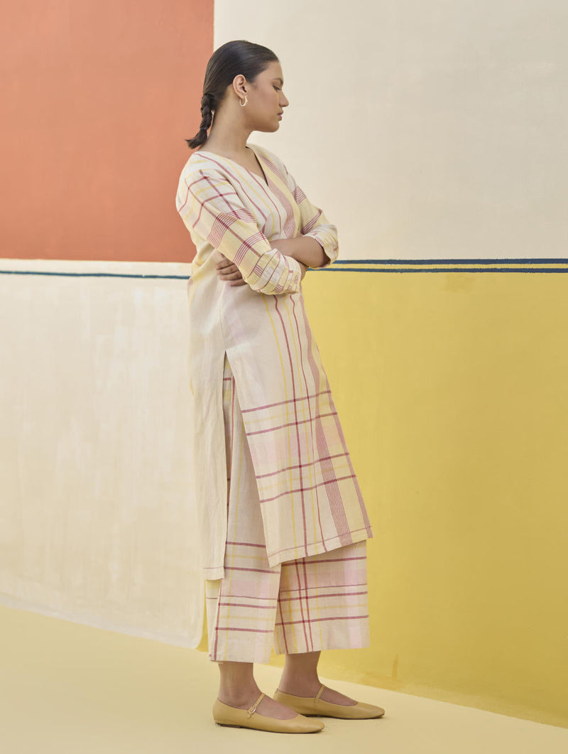 Misa Check Linen Kurta - Sand by Manan in natural color for women Worldwide