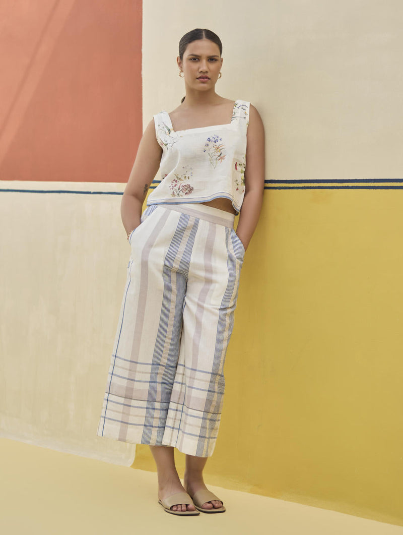 Karuna Check Linen Pant - Ivory by Manan in ivory color for women Worldwide