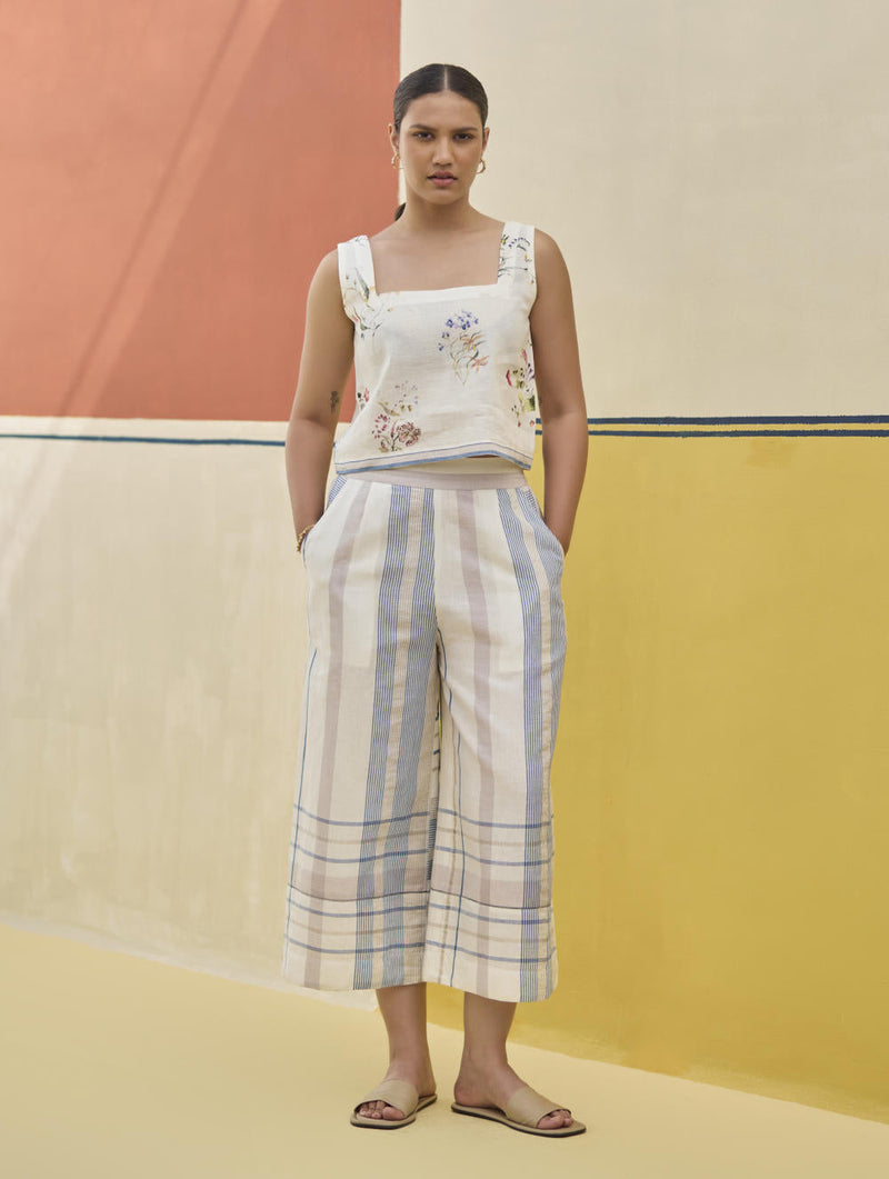 Karuna Check Linen Pant - Ivory by Manan in ivory color for women Worldwide