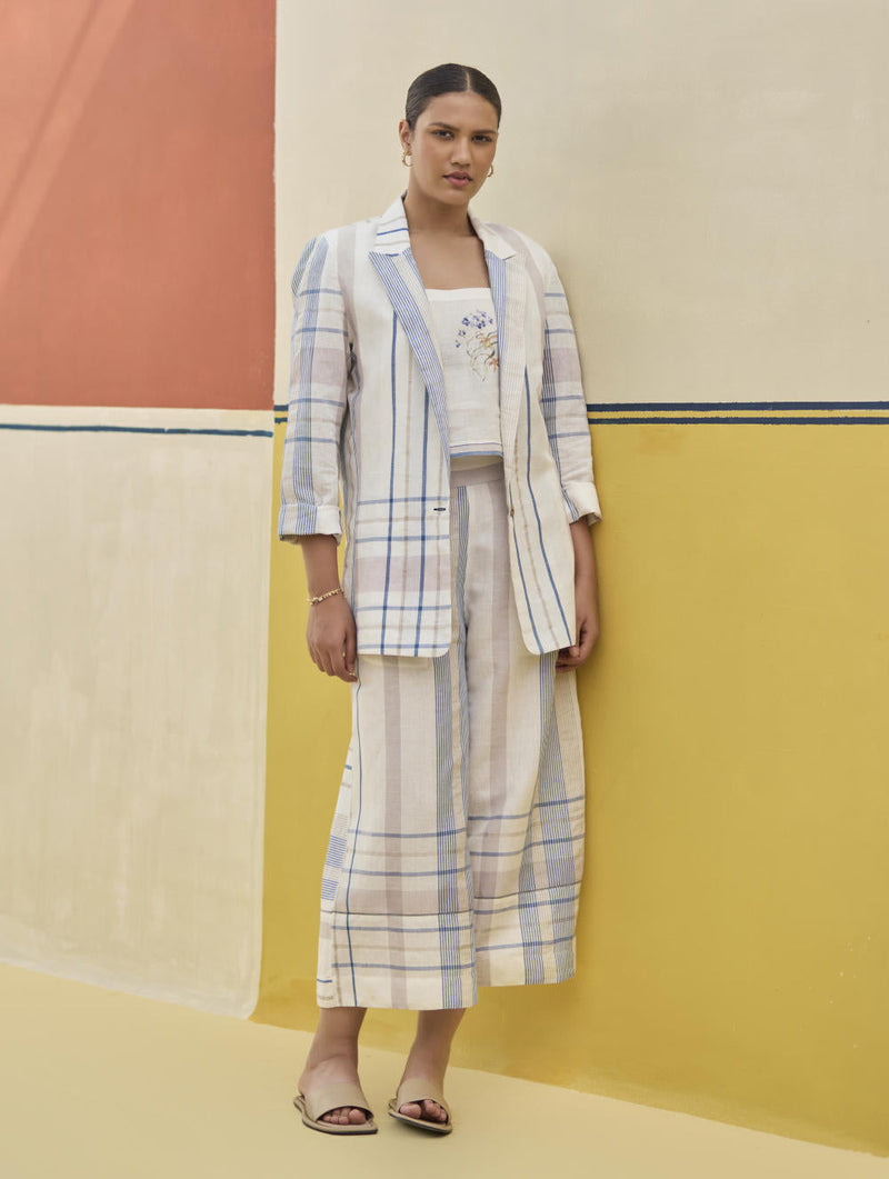 Karuna Check Linen Pant - Ivory by Manan in ivory color for women Worldwide