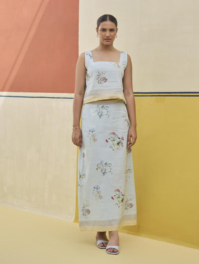 Leena Watercolour Floral Skirt - Sky