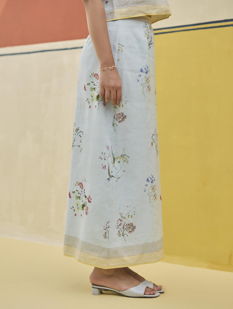Leena Watercolour Floral Skirt - Sky by Manan in blue color for women Worldwide
