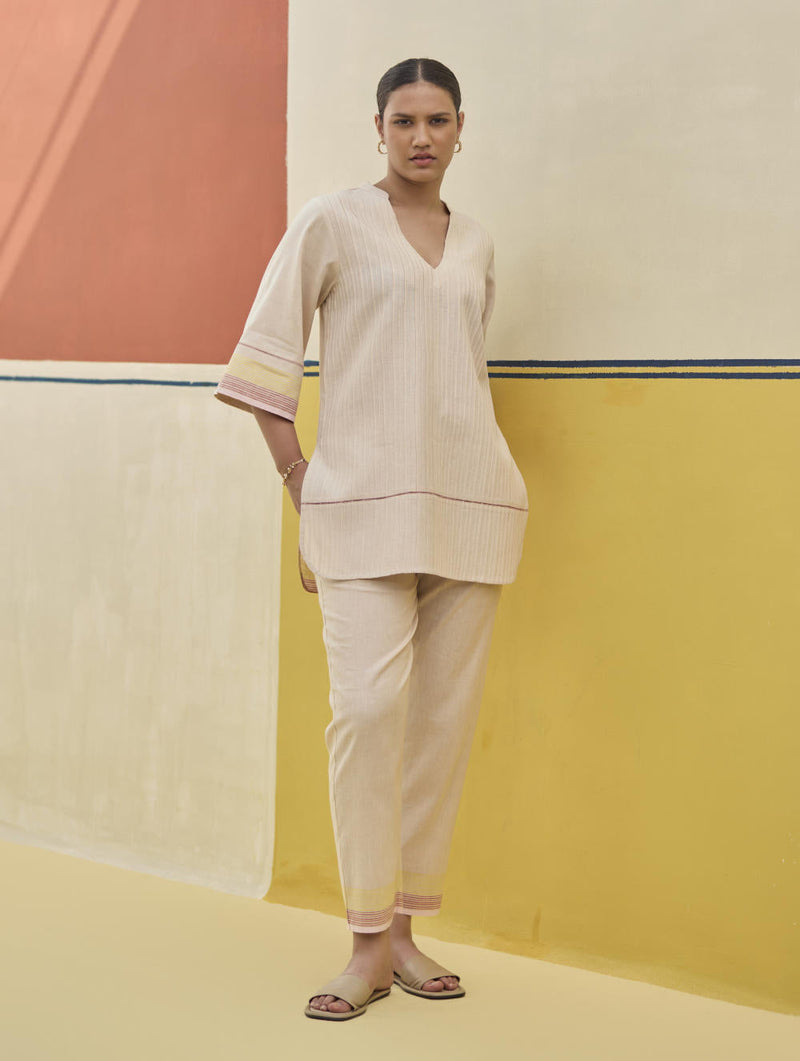 Neri Pintuck Border Linen Top - Sand by Manan in brown color for women Worldwide