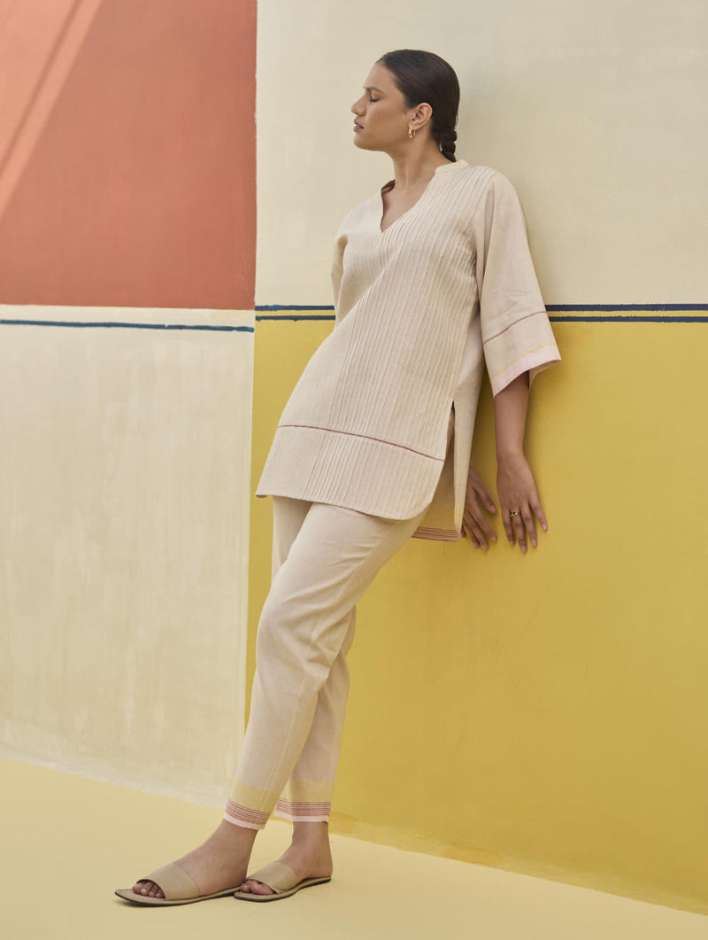 Neri Pintuck Border Linen Top - Sand by Manan in brown color for women Worldwide