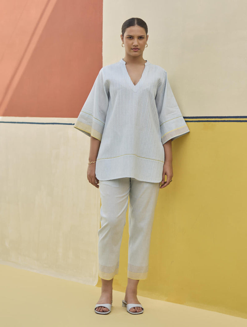 Reya Classic Border Pant - Sky by Manan in blue color for women Worldwide