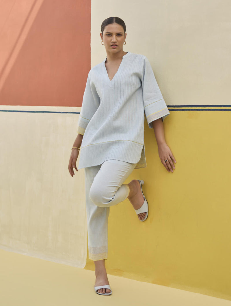 Neri Pintuck Border Linen Top - Sky by Manan in blue color for women Worldwide