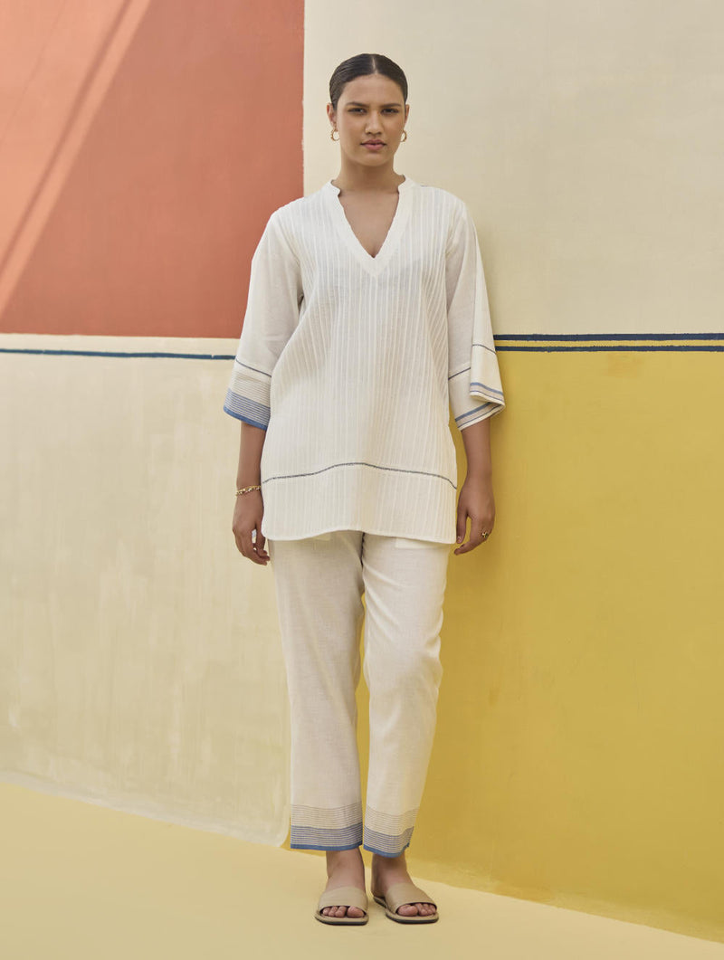 Neri Pintuck Border Linen Top - Ivory by Manan in ivory color for women Worldwide