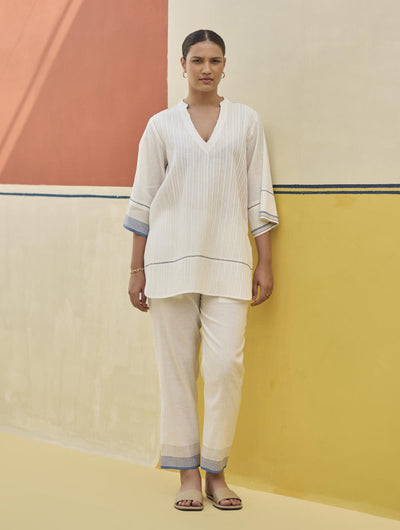 Neri Pintuck Border Linen Top - Ivory