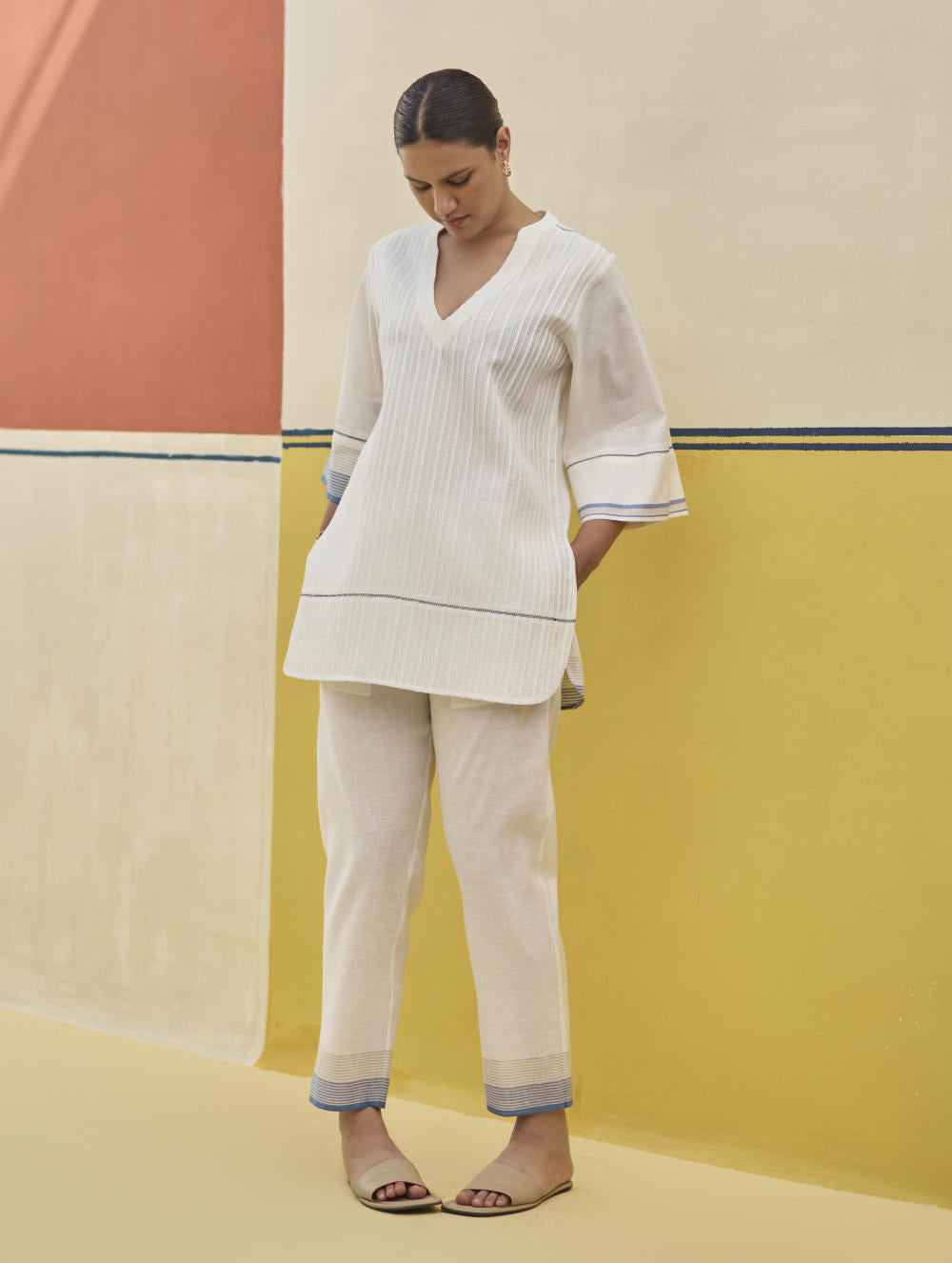 Neri Pintuck Border Linen Top - Ivory