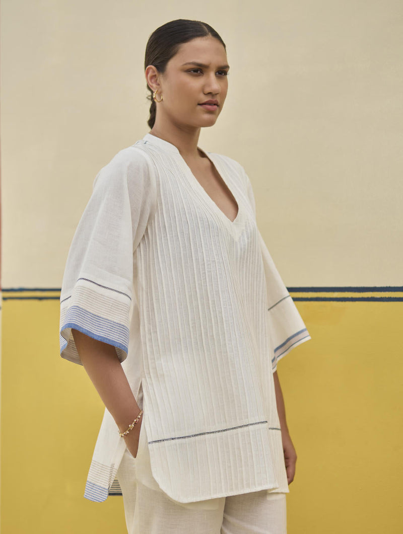 Neri Pintuck Border Linen Top - Ivory by Manan in ivory color for women Worldwide