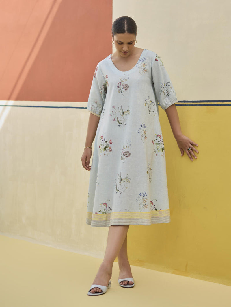 Kaya Floral Linen Dress With Overlay
 - Sky linen by Manan in blue color for women Worldwide