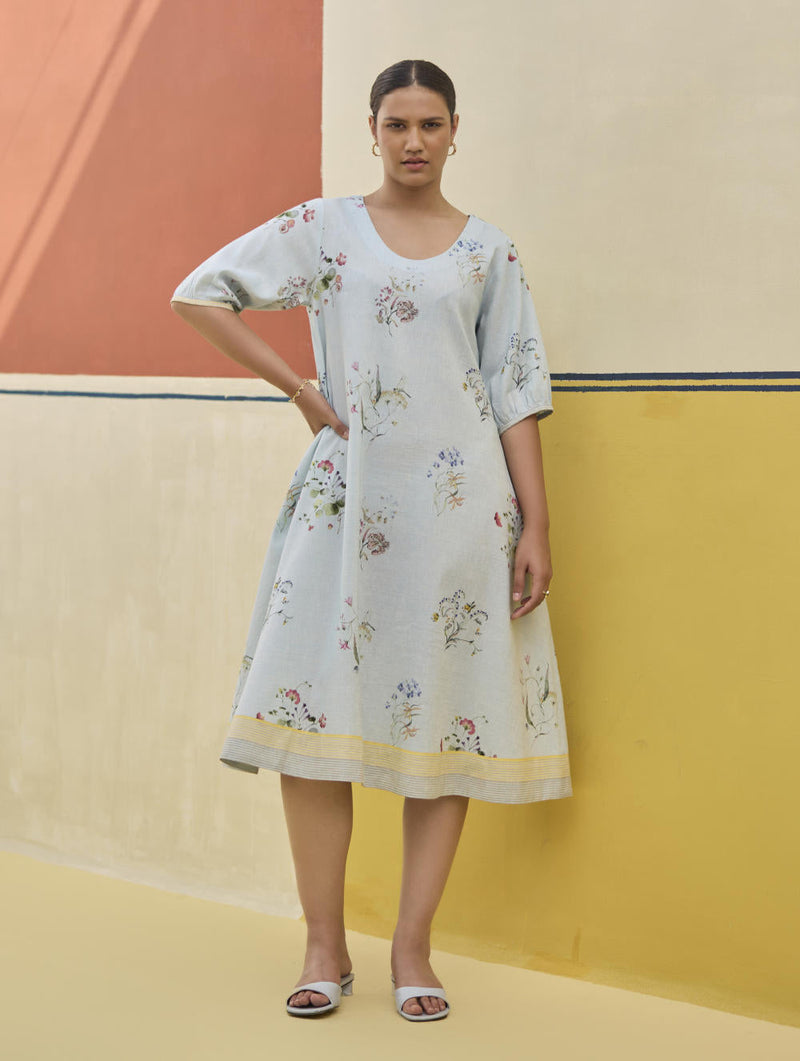 Kaya Floral Linen Dress With Overlay
 - Sky linen by Manan in blue color for women Worldwide