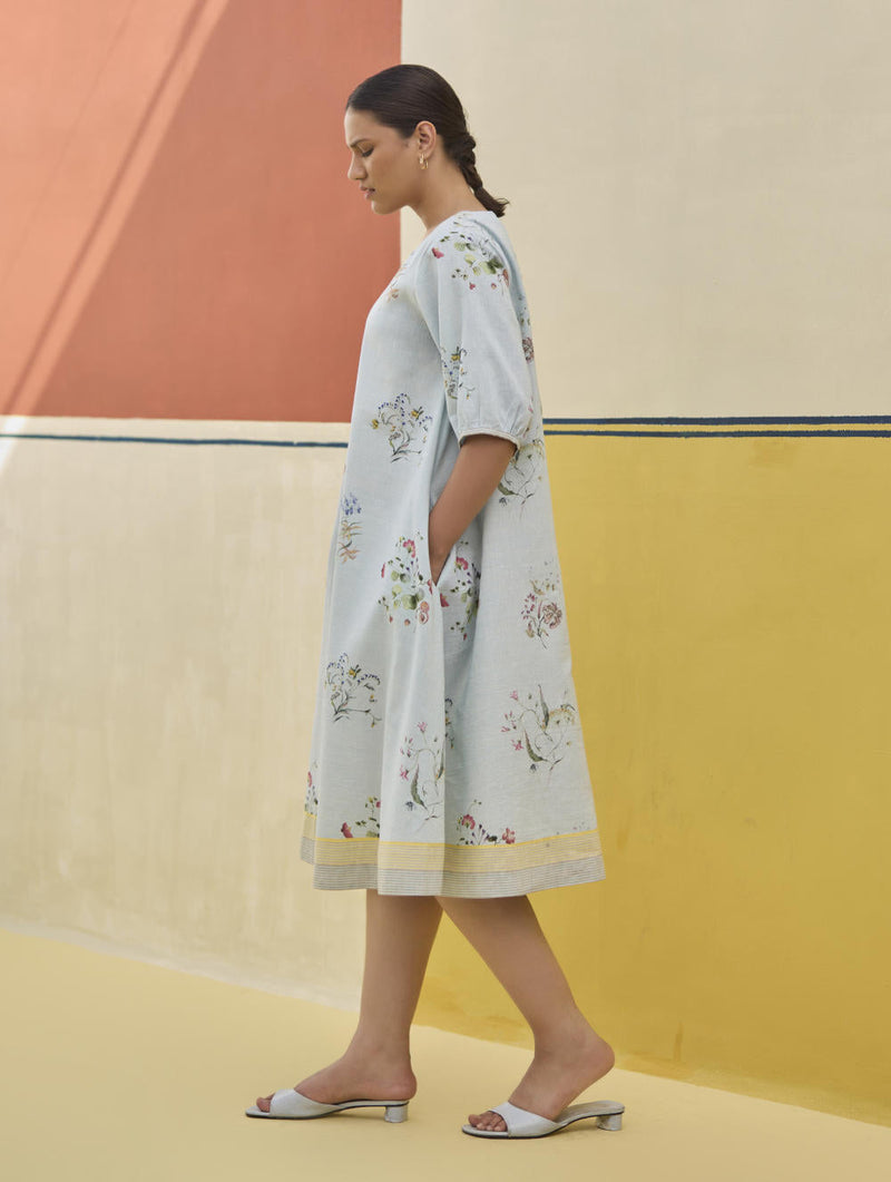 Kaya Floral Linen Dress With Overlay
 - Sky linen by Manan in blue color for women Worldwide