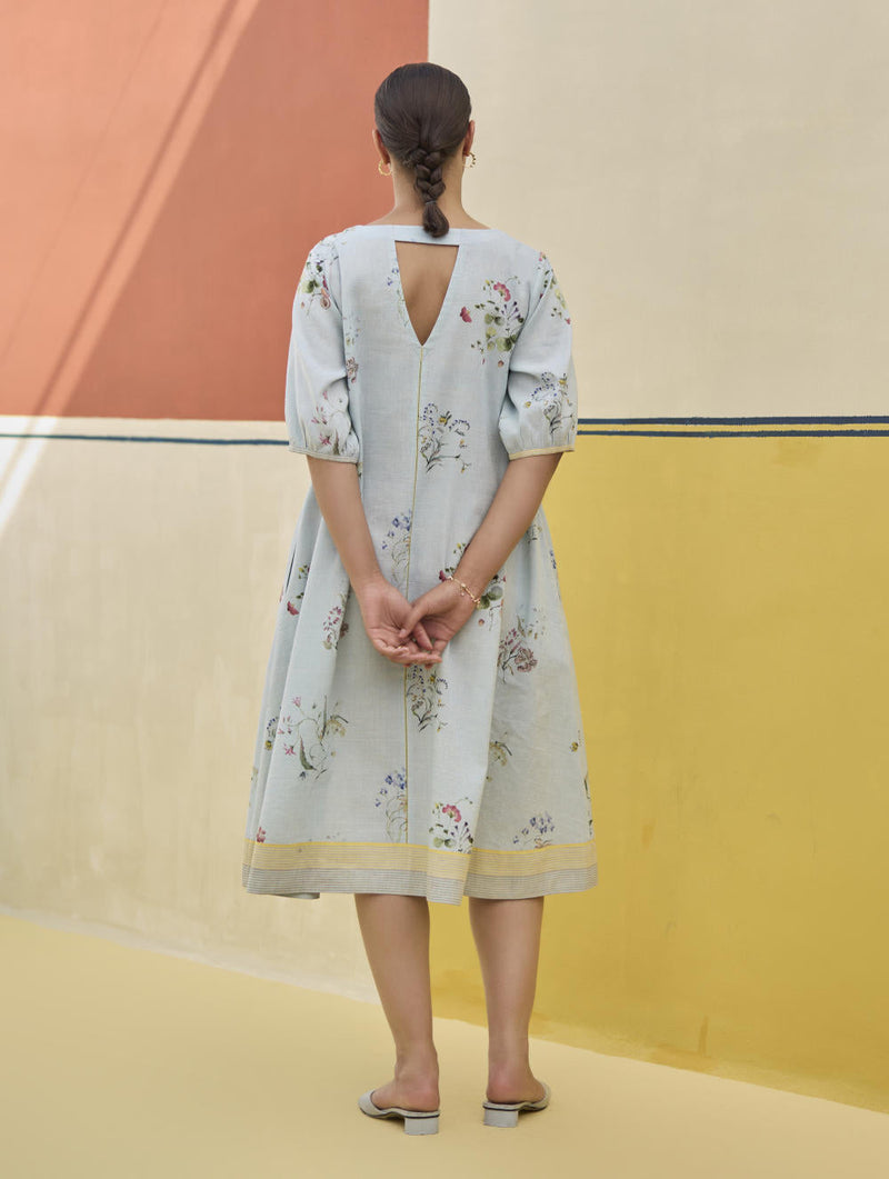 Kaya Watercolour Floral Linen Dress
 - Sky linen by Manan in blue color for women Worldwide