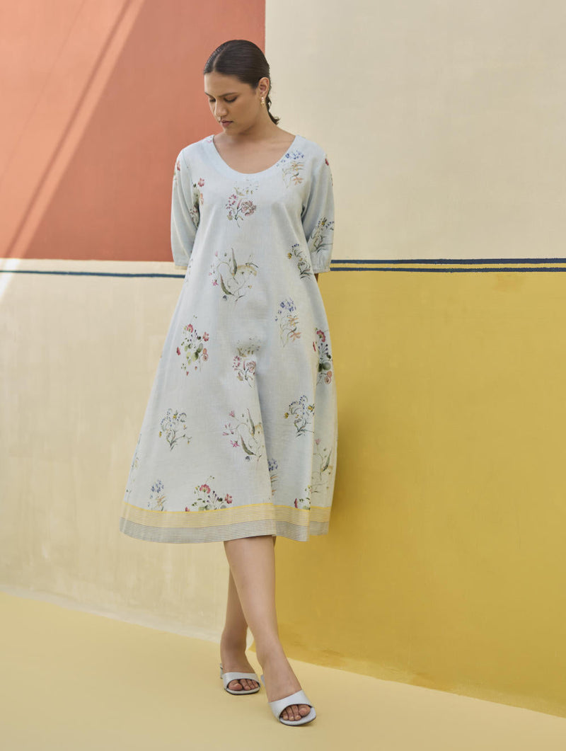 Kaya Watercolour Floral Linen Dress
 - Sky linen by Manan in blue color for women Worldwide