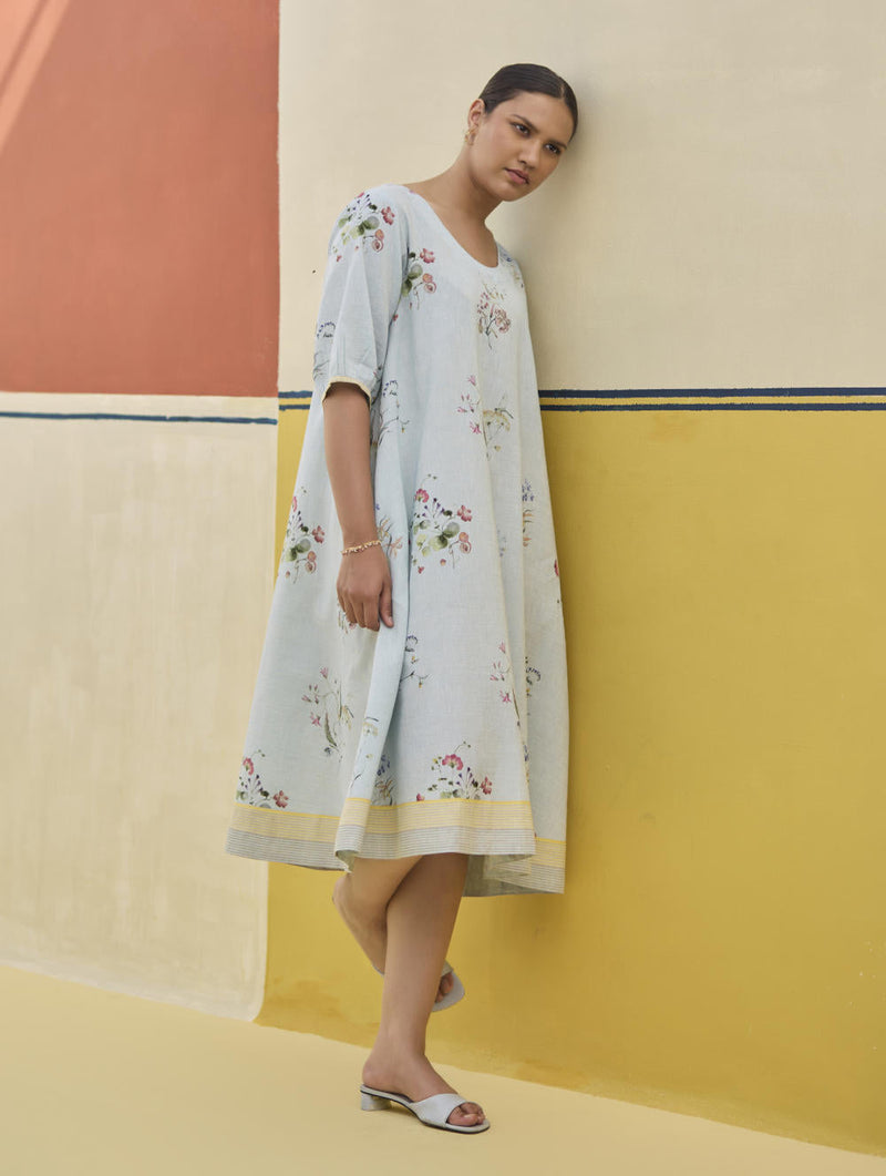 Kaya Floral Linen Dress With Overlay
 - Sky linen by Manan in blue color for women Worldwide