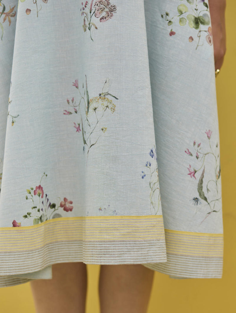 Kaya Floral Linen Dress With Overlay
 - Sky linen by Manan in blue color for women Worldwide
