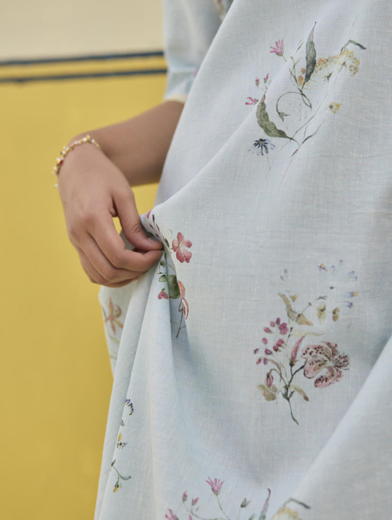 Kaya Floral Linen Dress With Overlay
 - Sky linen by Manan in blue color for women Worldwide