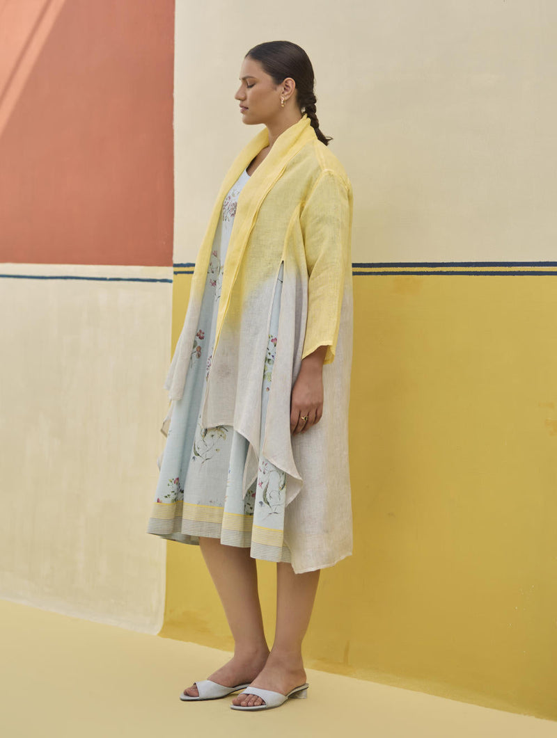 Kaya Floral Linen Dress With Overlay
 - Sky linen by Manan in blue color for women Worldwide