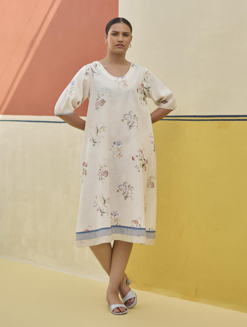 Kaya Watercolour Floral Linen Dress
 - Ivory linen by Manan in ivory color for women Worldwide