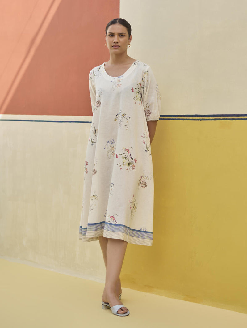 Kaya Watercolour Floral Linen Dress
 - Ivory linen by Manan in ivory color for women Worldwide