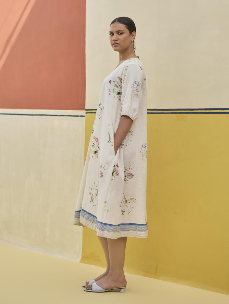 Kaya Watercolour Floral Linen Dress
 - Ivory linen by Manan in ivory color for women Worldwide