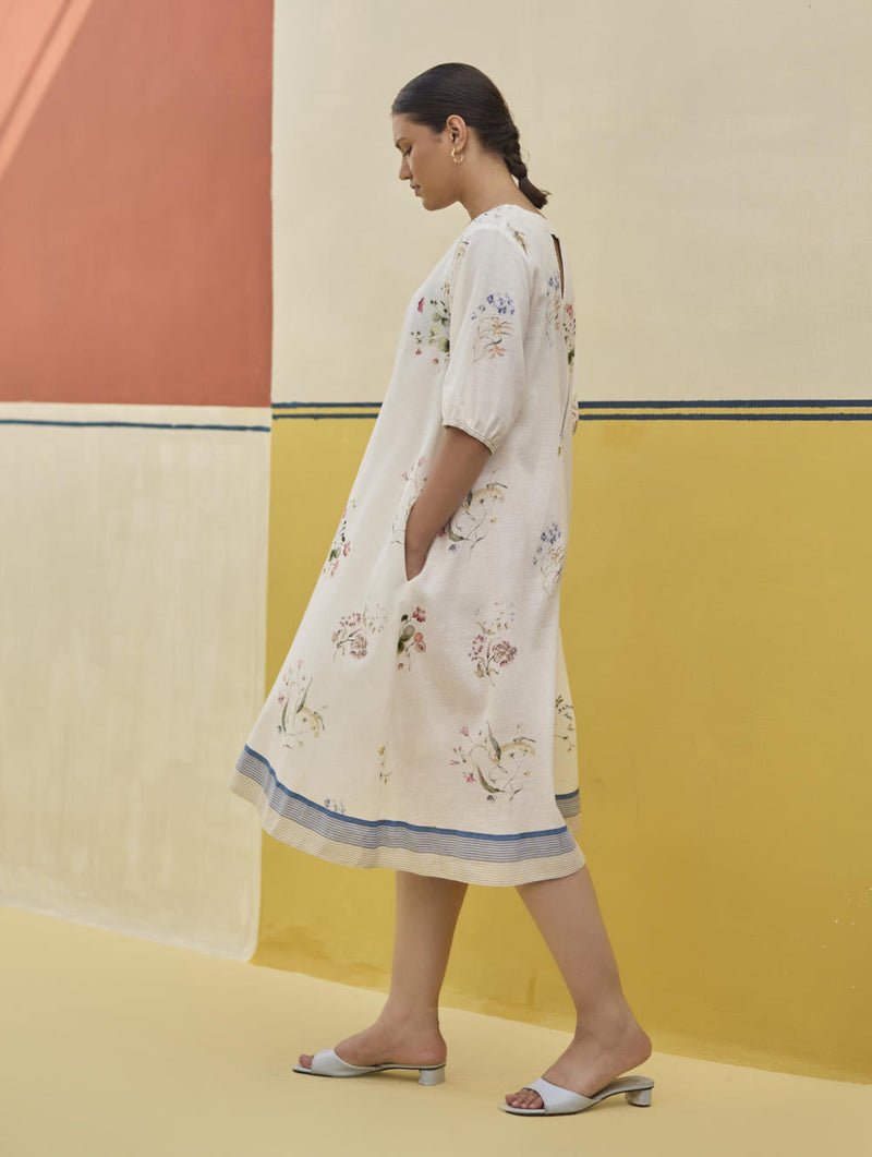 Kaya Watercolour Floral Linen Dress
 - Ivory linen by Manan in ivory color for women Worldwide