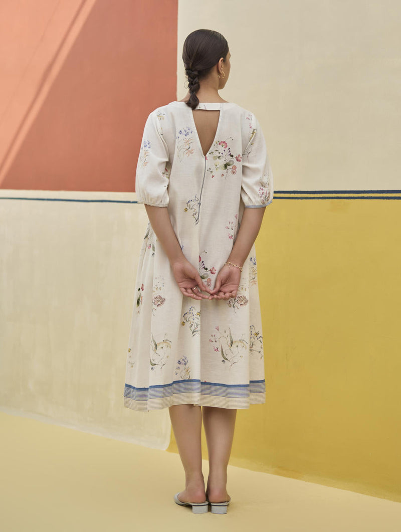 Kaya Watercolour Floral Linen Dress
 - Ivory linen by Manan in ivory color for women Worldwide